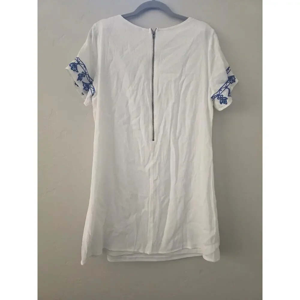 Lulus White Blue Embroidered Dress Coastal Mediterranean Tunic Shift Size L